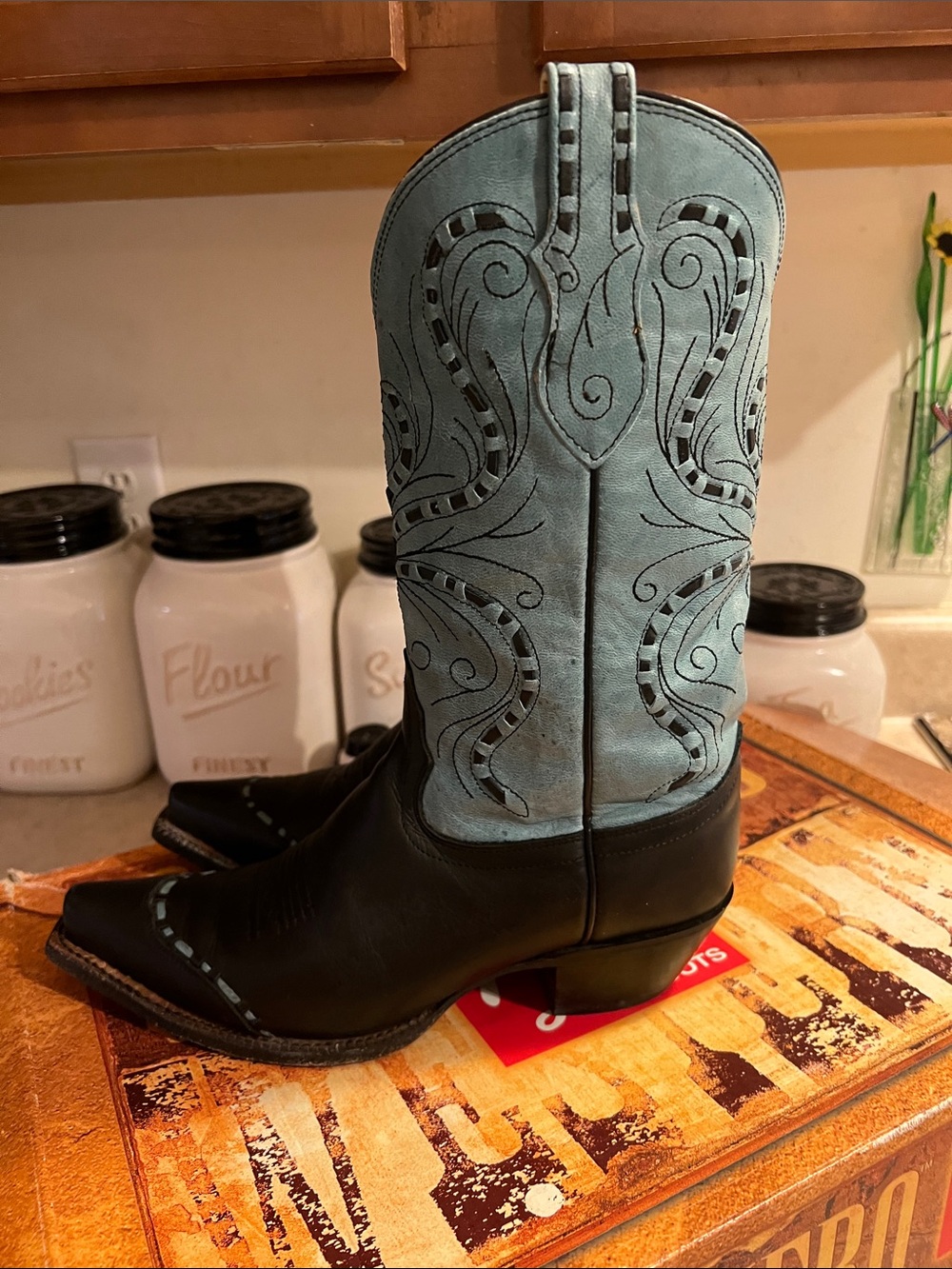 Tony Lama Black Foot Teal Embroidered Shaft Cowboy Boots - Picture 3 of 8